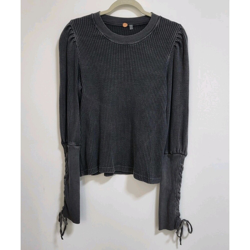 FREE PEOPLE FP One Tasha Thermal Top Women S Black Grey Waffle Knit Lace Up Cuff - Picture 1 of 8